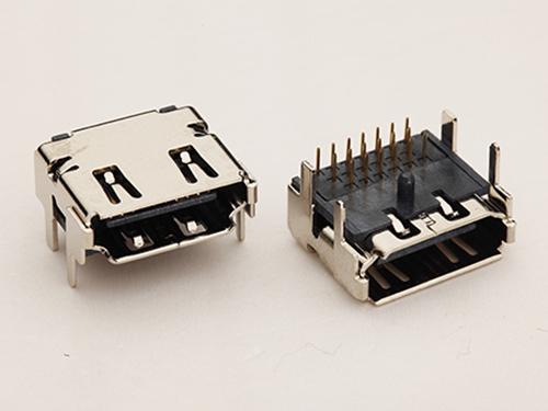HDMI A型19P母座 90度板上四脚插板+三排针DIP 中间定位柱