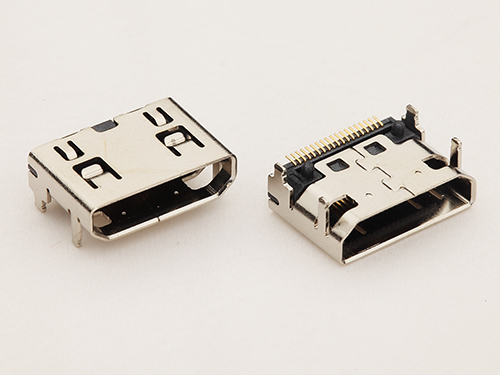 MINI HDMI A型19P母座 板上四脚插板针贴片 有柱 带弹 镀镍