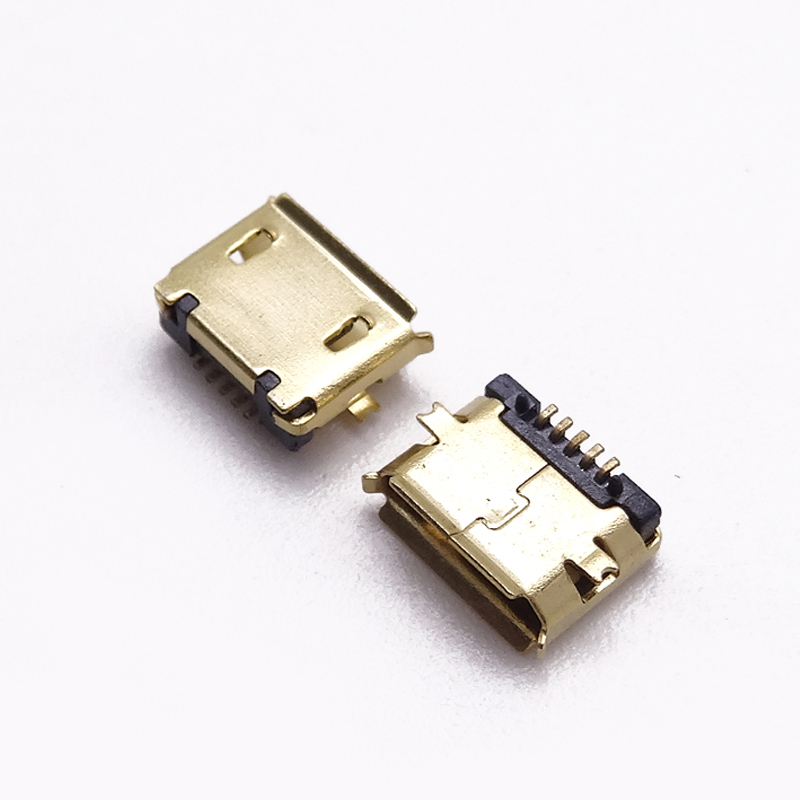 MICRO USB 5P母座 B型全贴 有柱无焊盘 卷边 外壳镀金