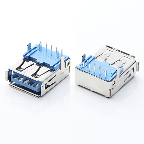 USB 3.0母座 A母90度板上卷边直脚插板 蓝胶