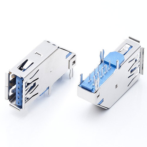 USB 3.0母座 9P侧插90度插板 鱼叉脚+直脚 卷边