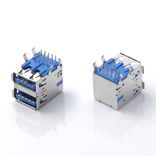 USB 3.0母座 双层90度插板 卷边弯脚四脚插板