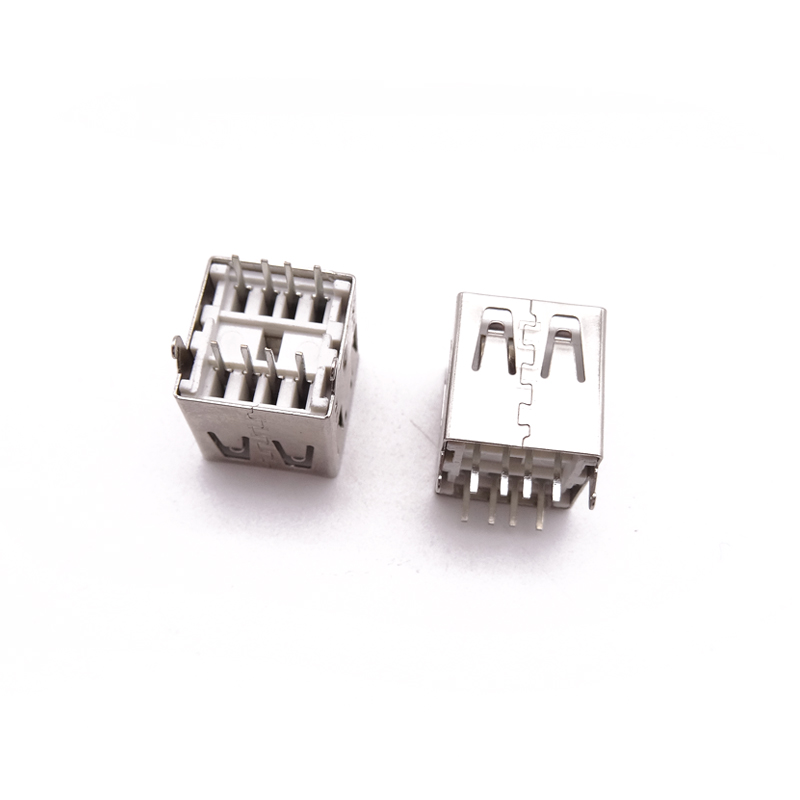 USB 2.0母座 双层180度直插式 带卡勾固定脚 直边白胶