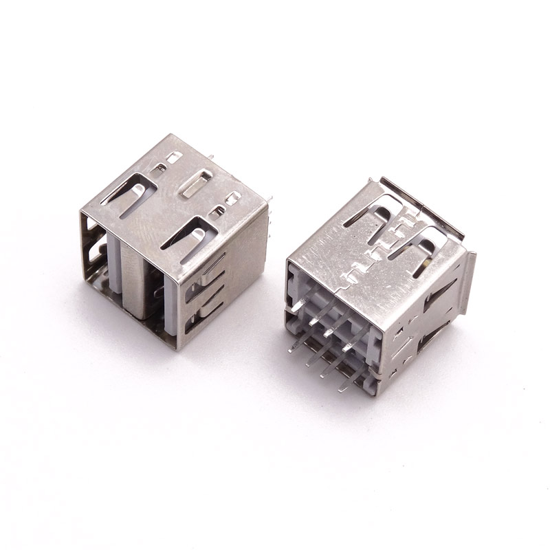 USB 2.0母座 双层180度14.2长直插 无固定脚 卷边
