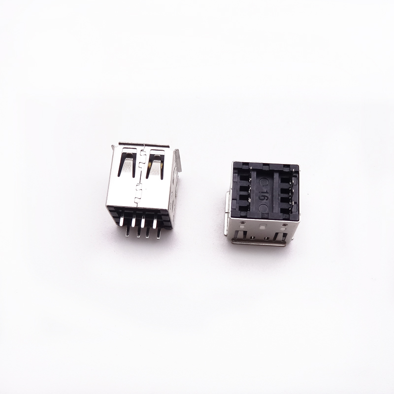 USB 2.0母座 双层180度立式DIP插板 直插卷边黑胶