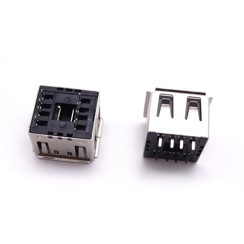 USB 2.0母座 短体双层180度直插 无固定脚 卷边黑胶