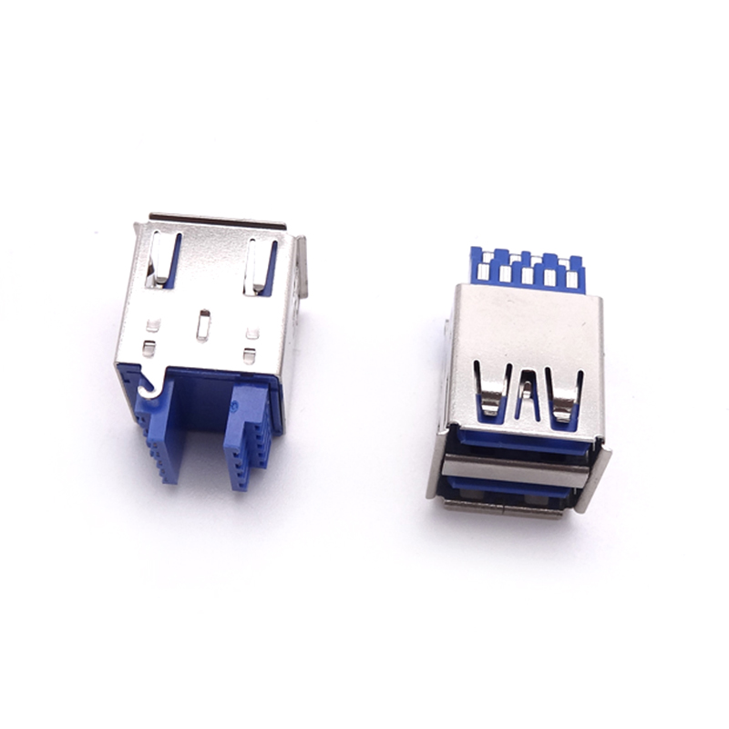 USB 3.0母座 双层长体焊线式 带卡勾 双排两面焊线