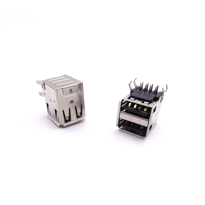 USB 2.0母座 双层90度弯脚插板 带后盖 卷边黑胶