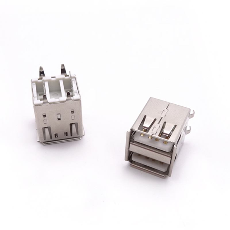 USB 2.0母座 双层180度弯脚直插 卷边白胶 立插
