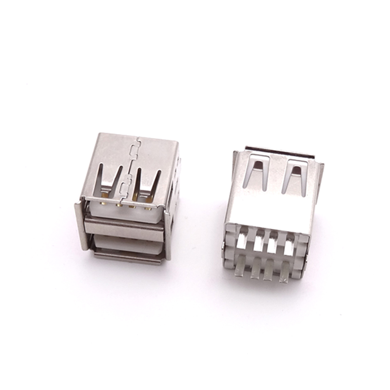 USB 2.0母座 双层180度焊线式 带插脚 卷边白胶