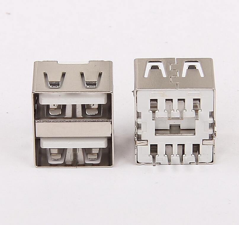 USB 2.0双层母座 短体10.0双层直插180度 鱼叉脚 直边白胶