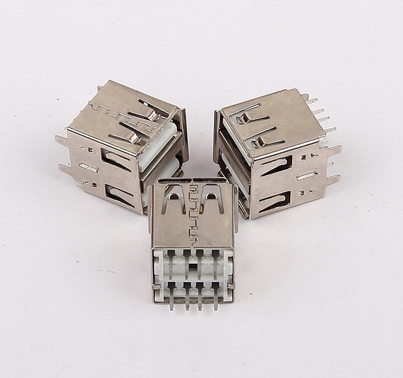 USB 2.0双层母座 180度直插14.2长 卷边直脚 白胶