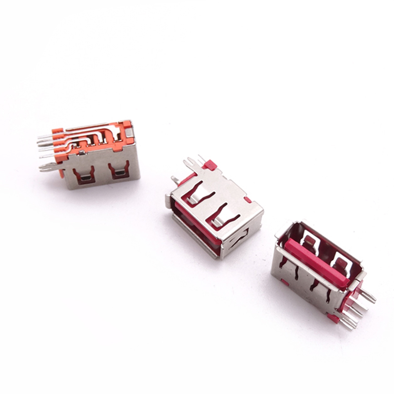 USB 2.0母座 短体10.0侧插 鱼叉脚 卷边/直边 红胶/橙胶